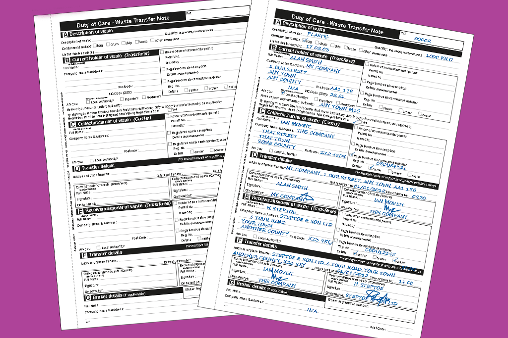 Three Part Duty of Care Waste Transfer Notes